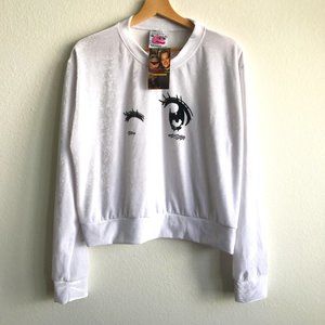 NWT omighty Anime Eyes Wink Chenille Velvety White Pullover Crewneck Size Medium